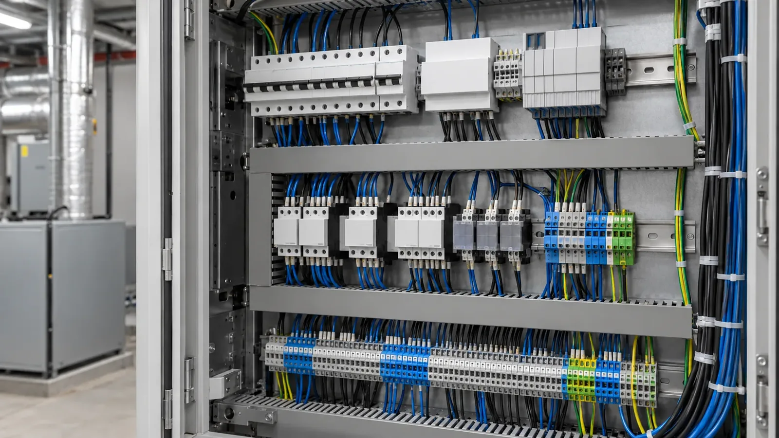 Modules de commande et câblage dans une armoire technique.